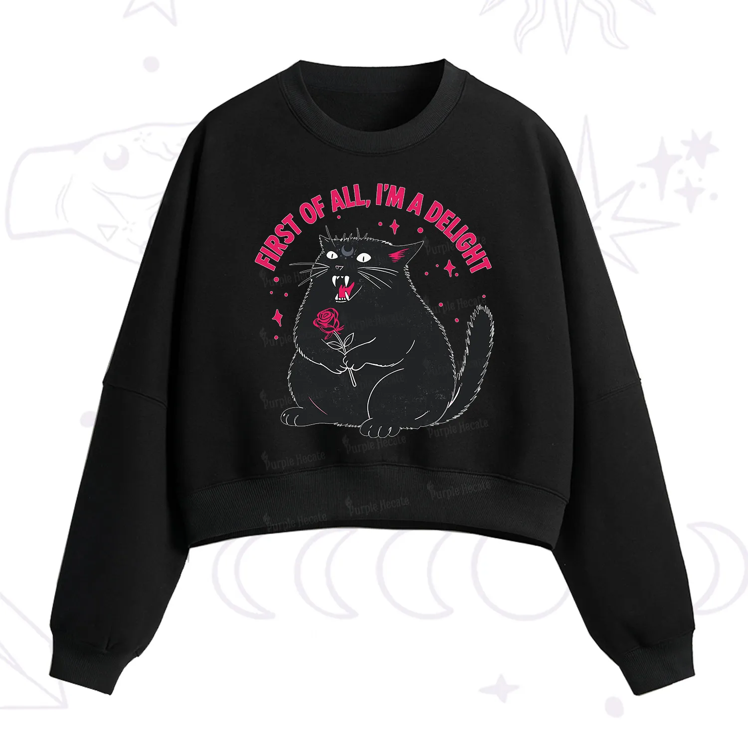 Purplehecate First Of All I'm A Delight Cat Fleece Cropped Sweatshirt