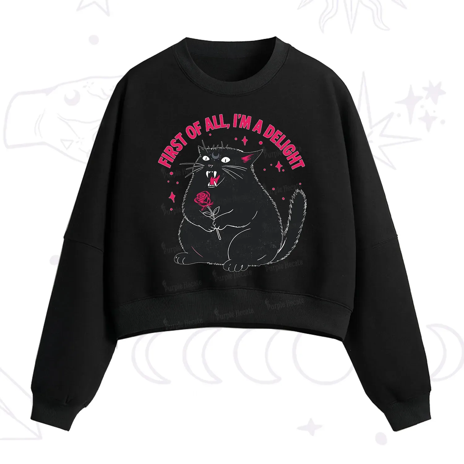 Purplehecate First Of All I'm A Delight Cat Fleece Cropped Sweatshirt