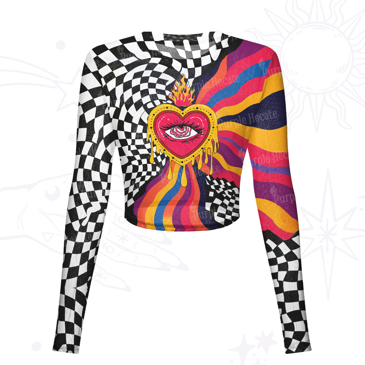 Purplehecate Trippy Rainbow Heart Eye Mesh Long Sleeve Crop Top