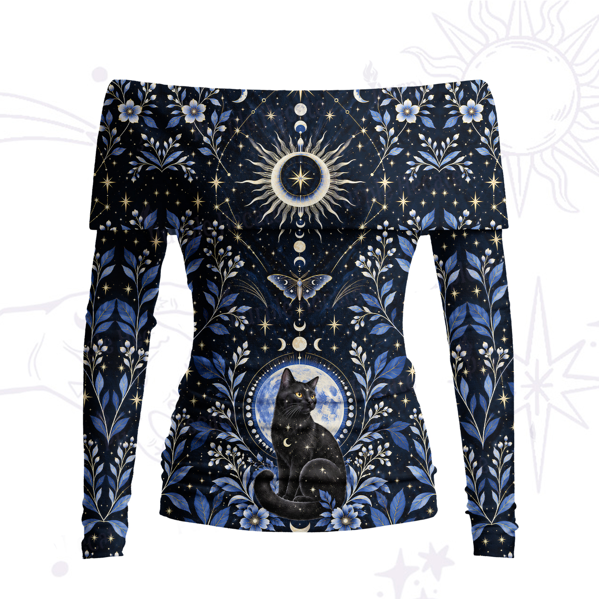 Purplehecate Lunar Oracle Witch's Cat Off Shoulder Long Sleeve Knit Top