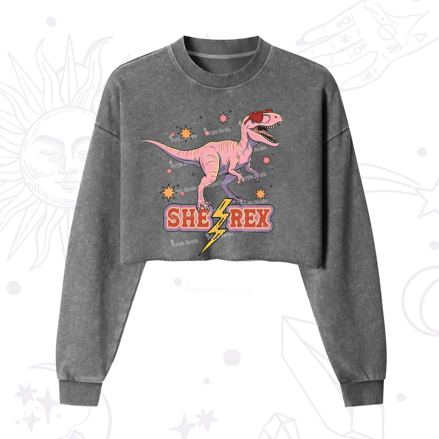 Purplehecate T Rex Dinosaur Girl Cropped Washed Sweatshirt