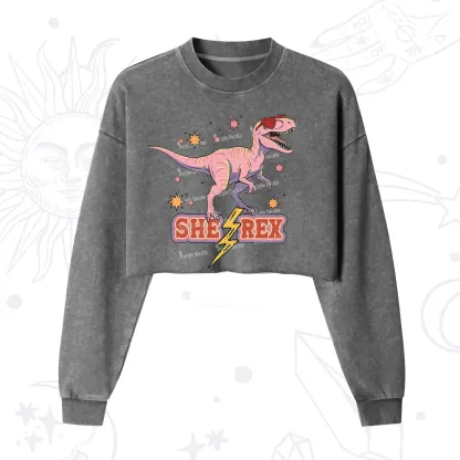Purplehecate T Rex Dinosaur Girl Cropped Washed Sweatshirt