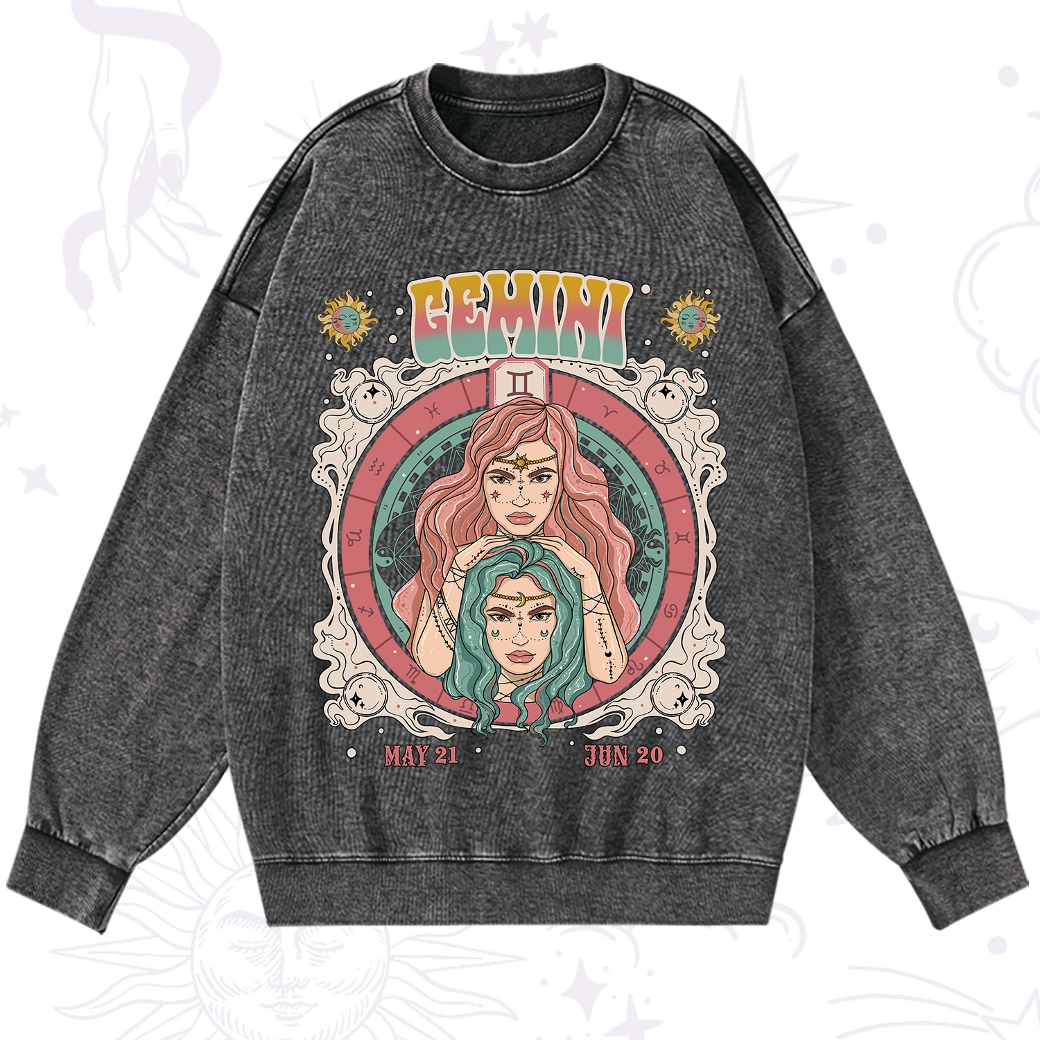 Purplehecate Gemini Cosmic Zodiac Washed Sweatshirt