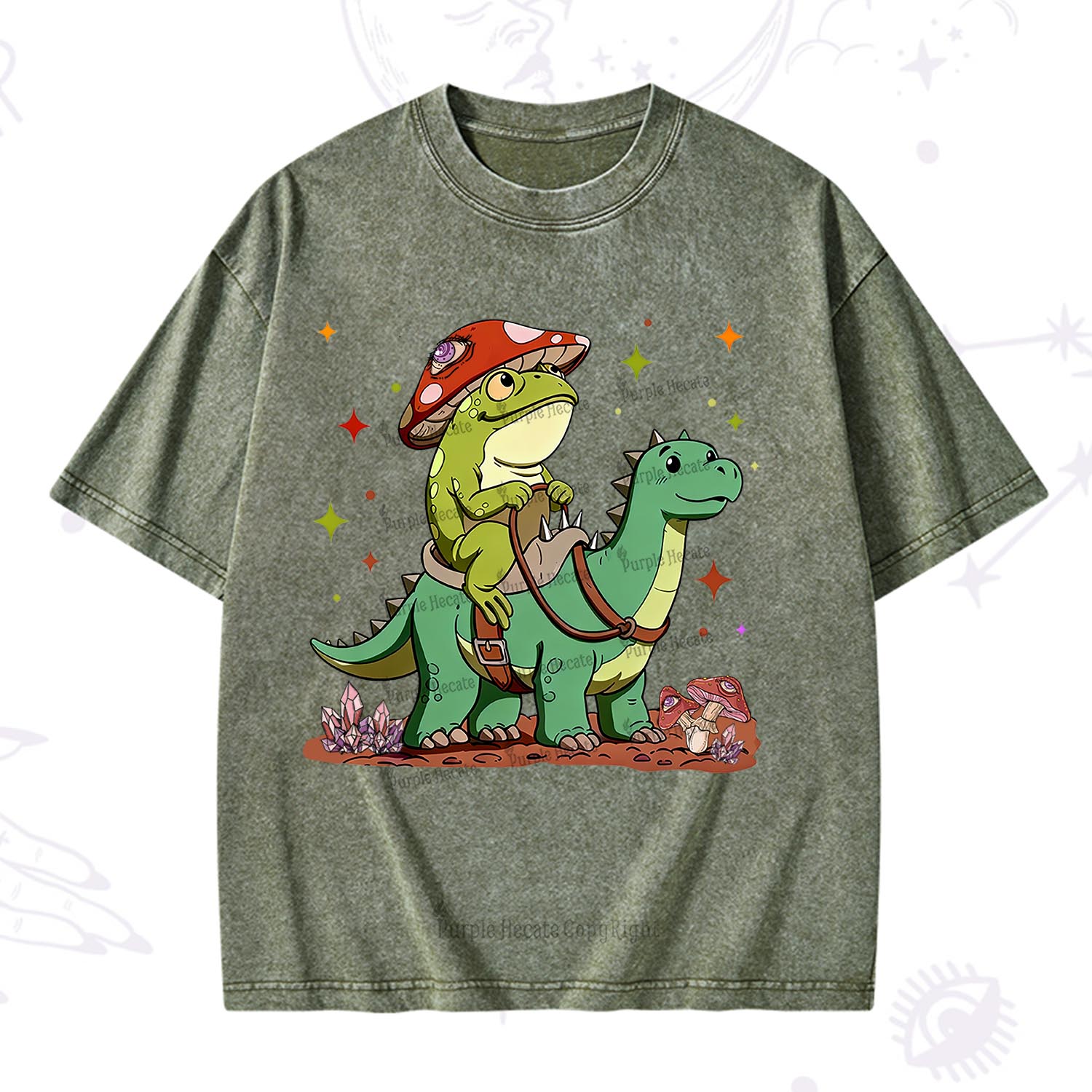 Purplehecate  Frog Riding a Dinosaur Washed T-Shirt
