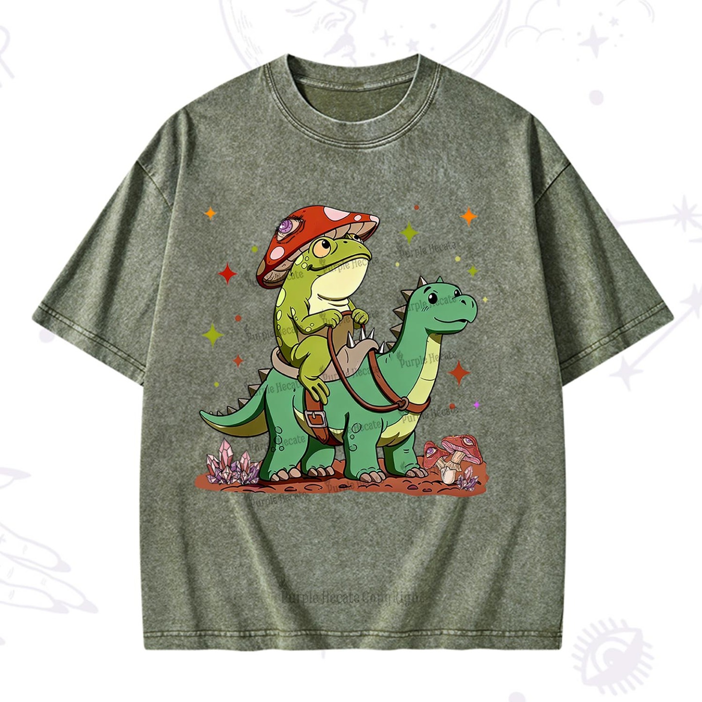 Purplehecate  Frog Riding a Dinosaur Washed T-Shirt