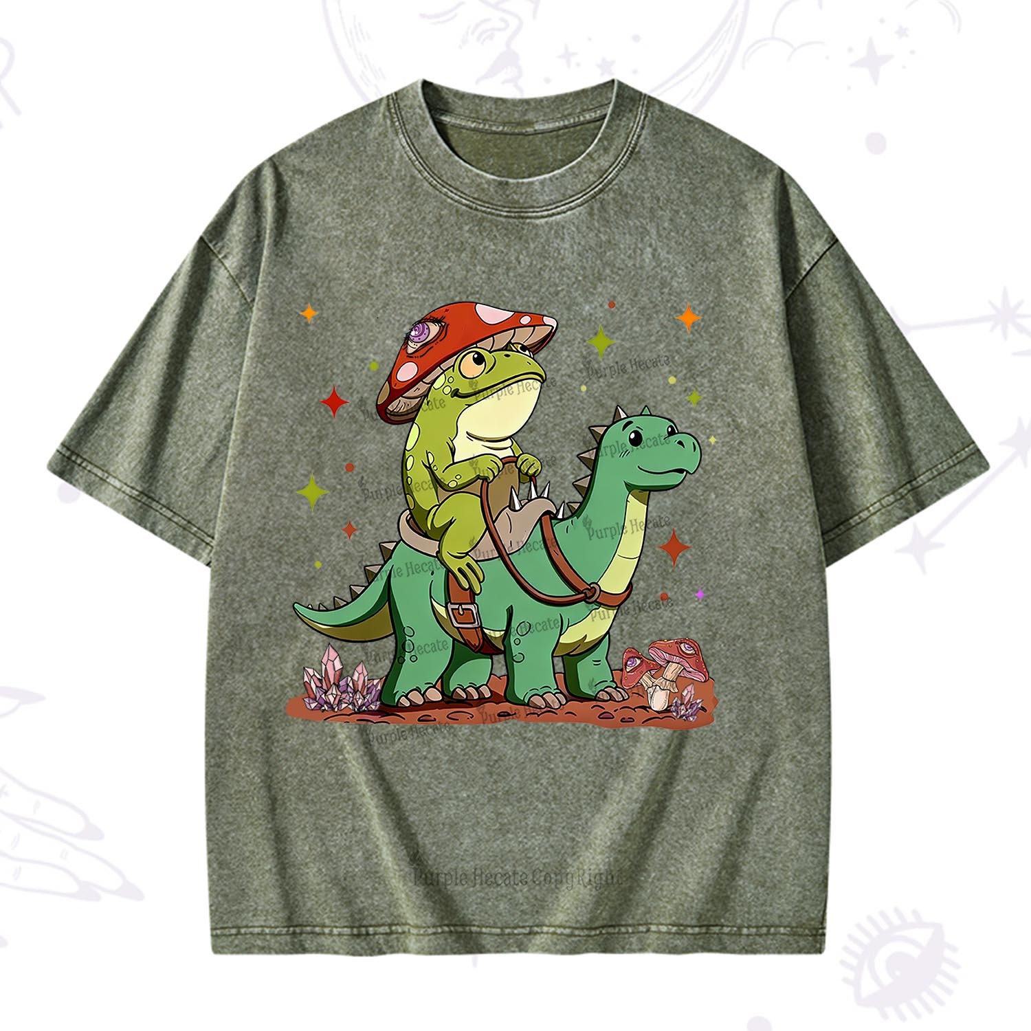 Purplehecate  Frog Riding a Dinosaur Washed T-Shirt