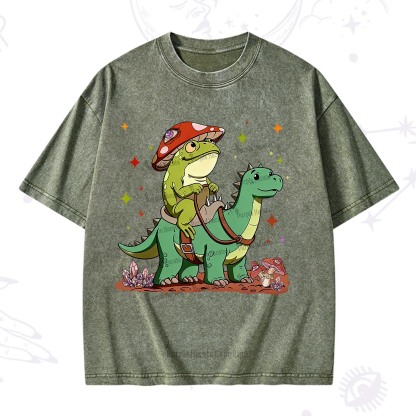 Purplehecate  Frog Riding a Dinosaur Washed T-Shirt
