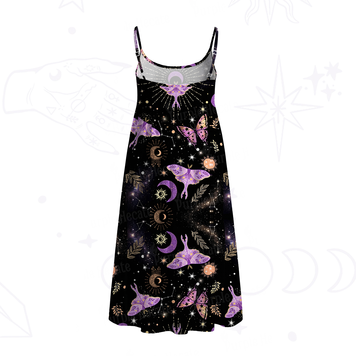 Purplehecate Starry Night Lunar Moth Spaghetti Strap Midi Dress