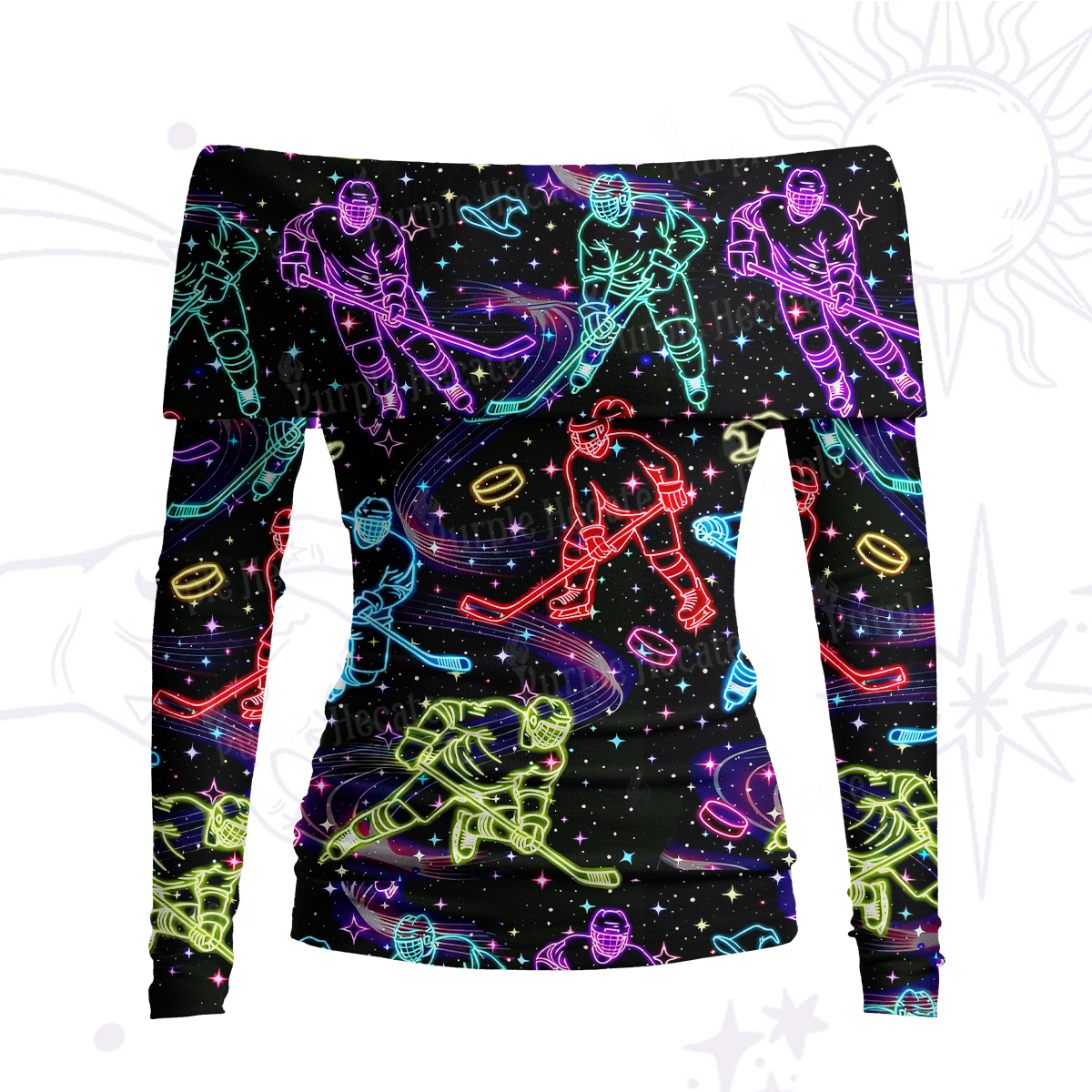 Purplehecate Neon Night Hockey Off Shoulder Long Sleeve Knit Top