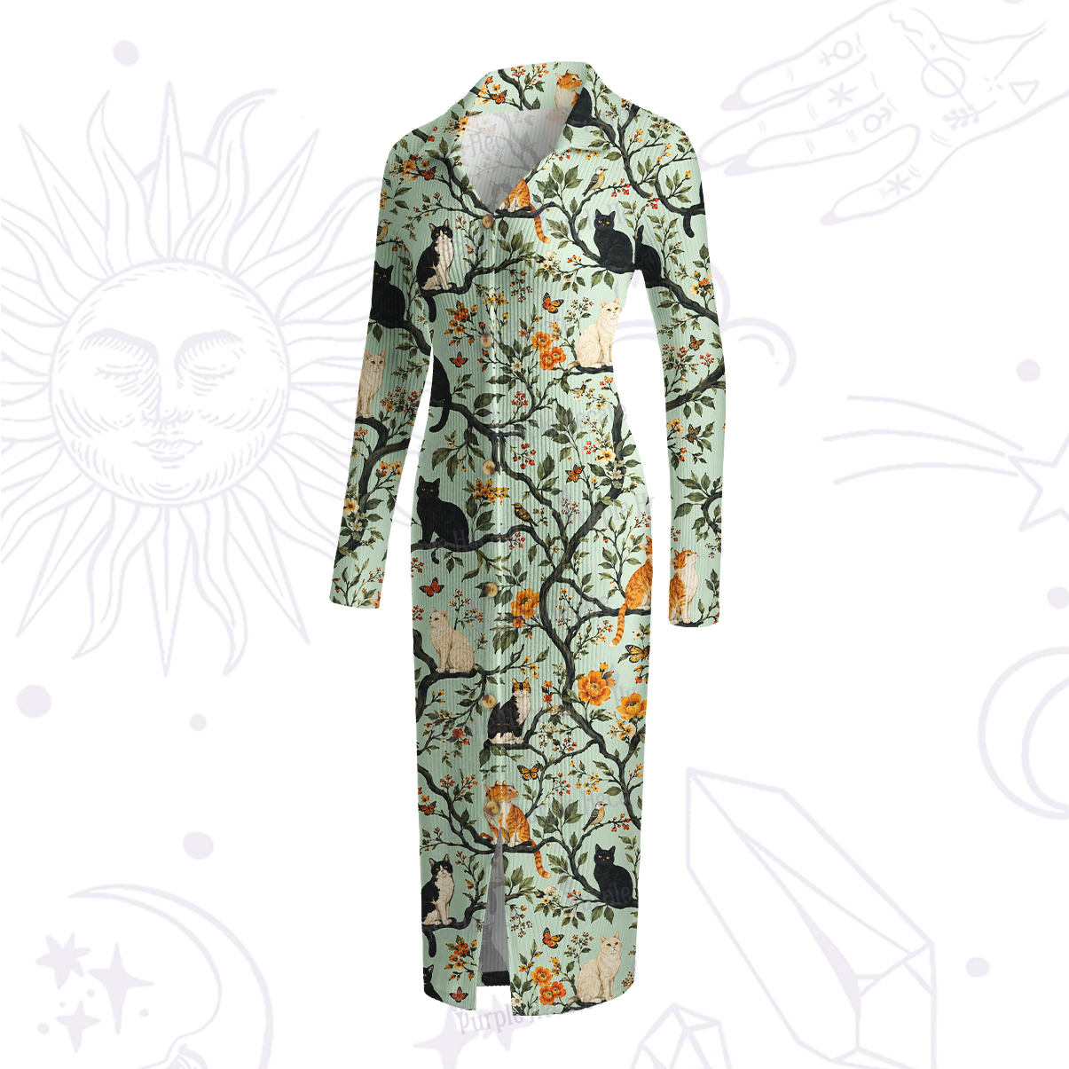 Purplehecate Enchanted Cat Grove Ribbed Knit Dress