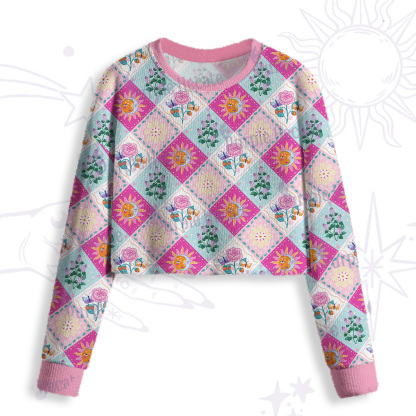 Purplehecate Celestial Sun & Moon Patchwork Crop Fuzzy Ugly Sweatshirt
