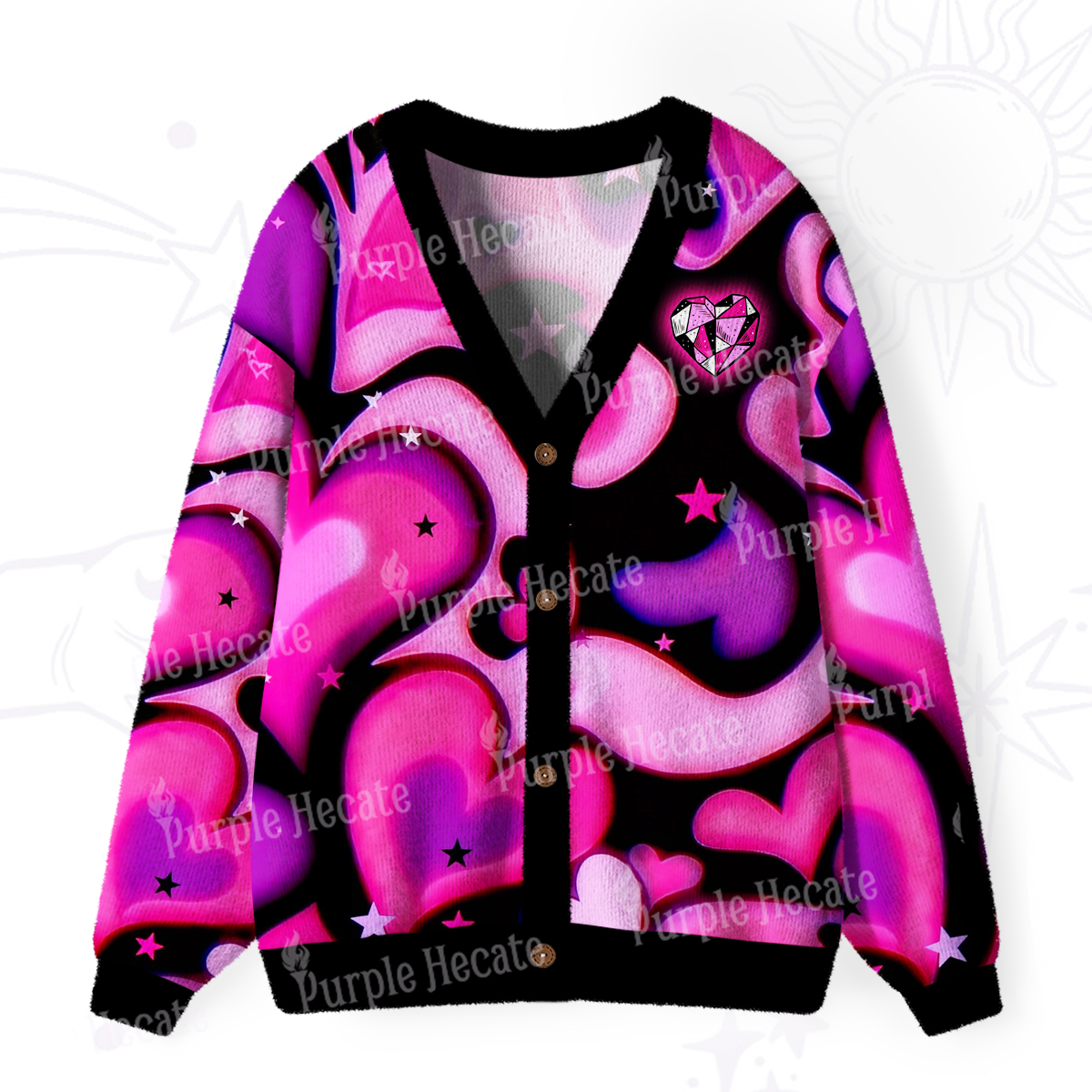 Purplehecate Cosmic Hearts and Stars Ugly Cardigan Sweaters