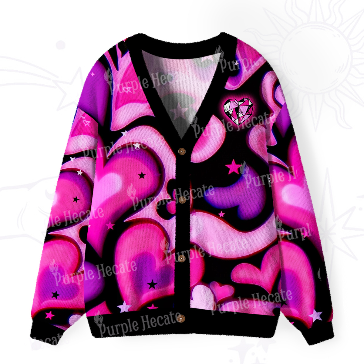Purplehecate Cosmic Hearts and Stars Ugly Cardigan Sweaters