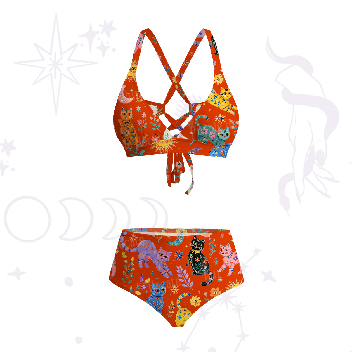 Purplehecate Rainbow Magic Cats Crisscross Tie-Back Bikini Set