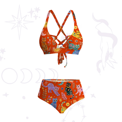 Purplehecate Rainbow Magic Cats Crisscross Tie-Back Bikini Set