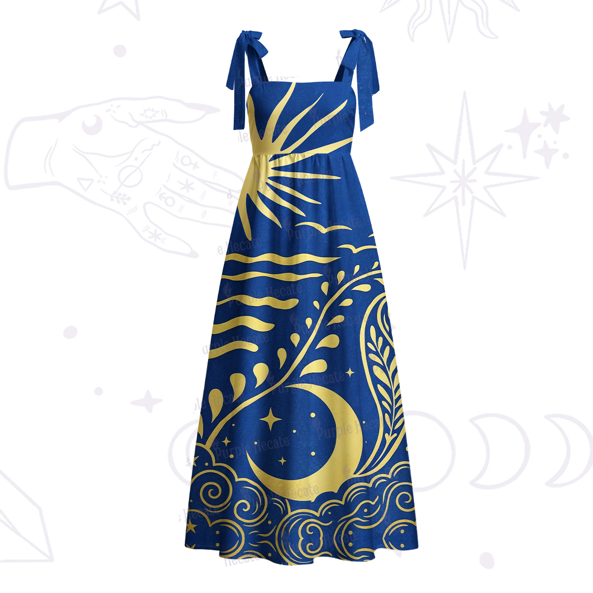 Purplehecate Celestial Sun Moon Waves Tie Shoulder Maxi Dress