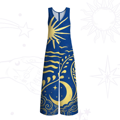 Purplehecate Celestial Sun Moon Waves Wide Leg Jumpsuit