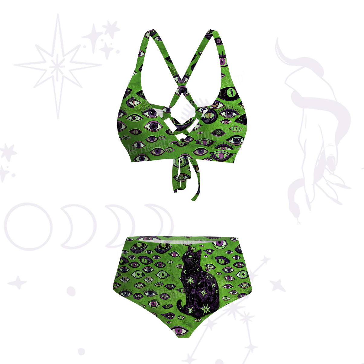 Purplehecate Cosmic Watcher Cat Crisscross Tie-Back Bikini Set
