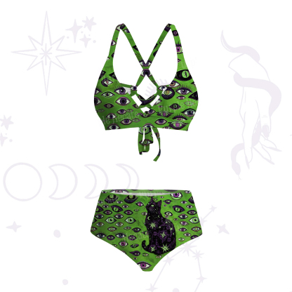 Purplehecate Cosmic Watcher Cat Crisscross Tie-Back Bikini Set