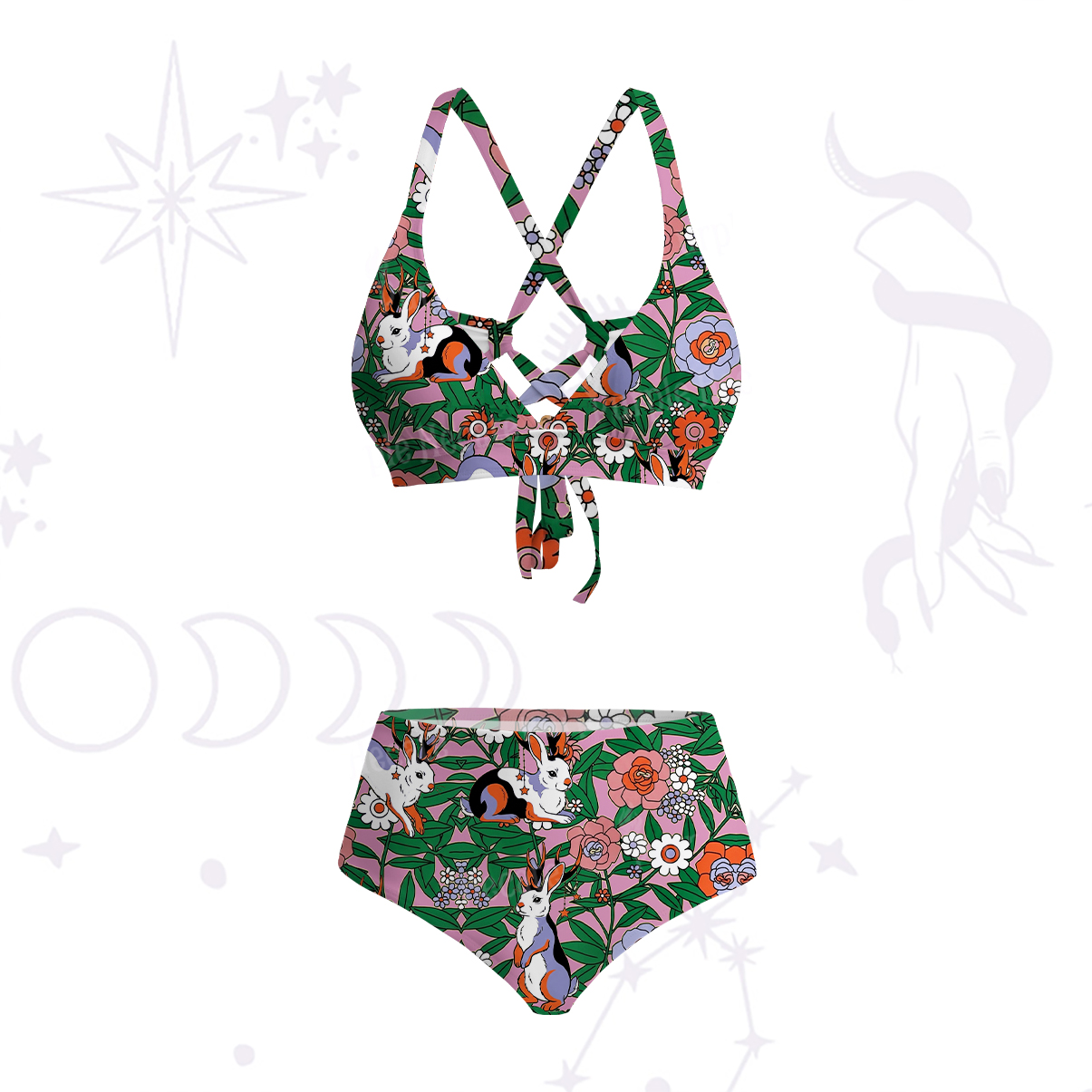 Purplehecate Mystic Blossom Bunny Garden Crisscross Tie-Back Bikini Set