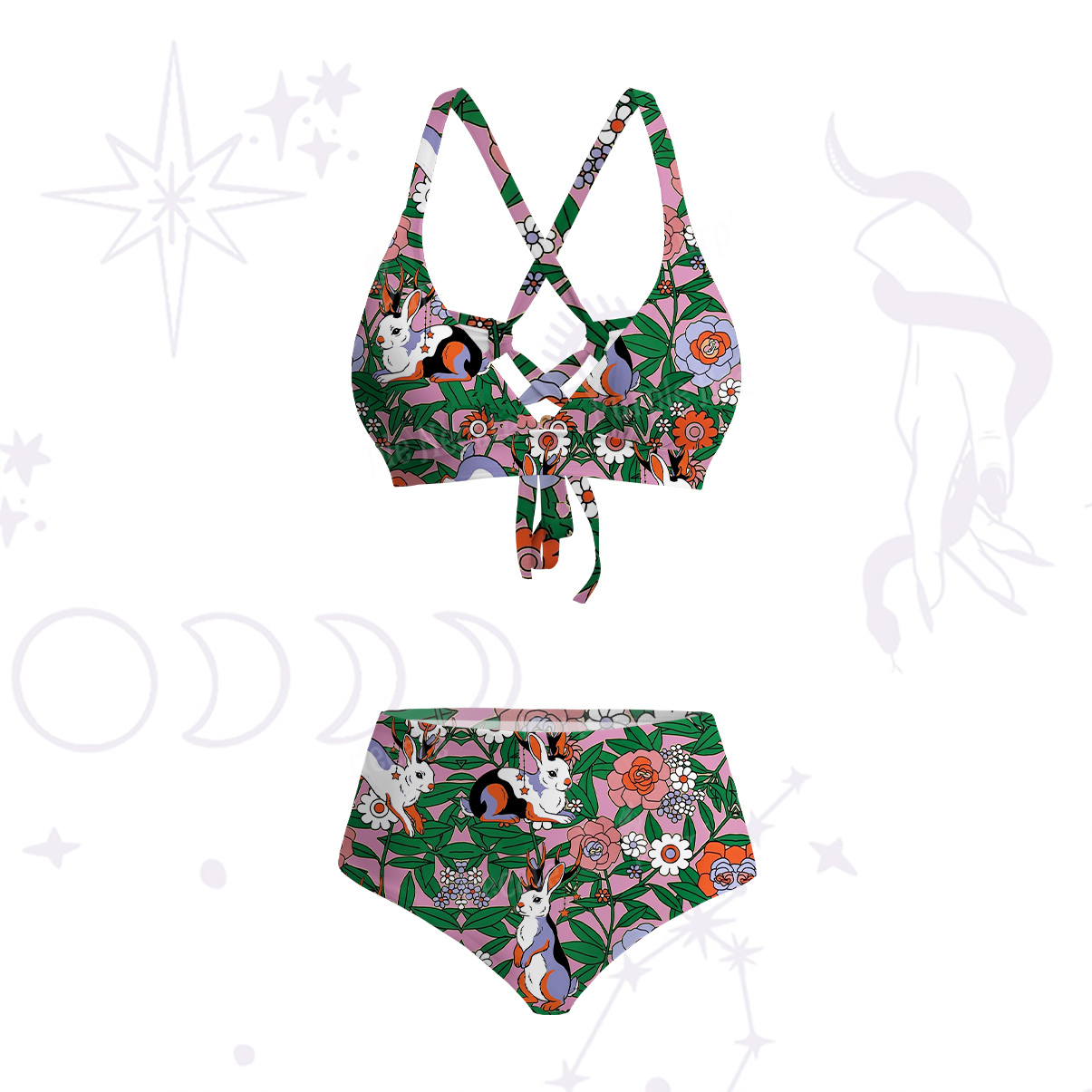 Purplehecate Mystic Blossom Bunny Garden Crisscross Tie-Back Bikini Set