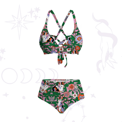 Purplehecate Mystic Blossom Bunny Garden Crisscross Tie-Back Bikini Set