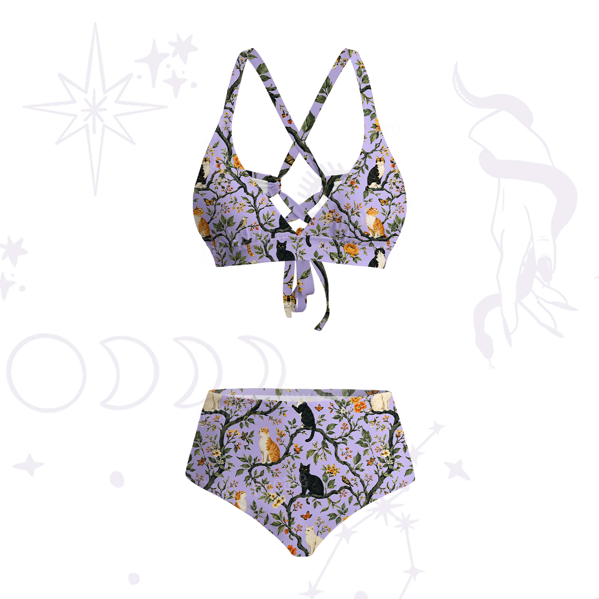 Purplehecate Enchanted Cat Grove Crisscross Tie-Back Bikini Set