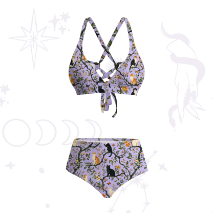Purplehecate Enchanted Cat Grove Crisscross Tie-Back Bikini Set