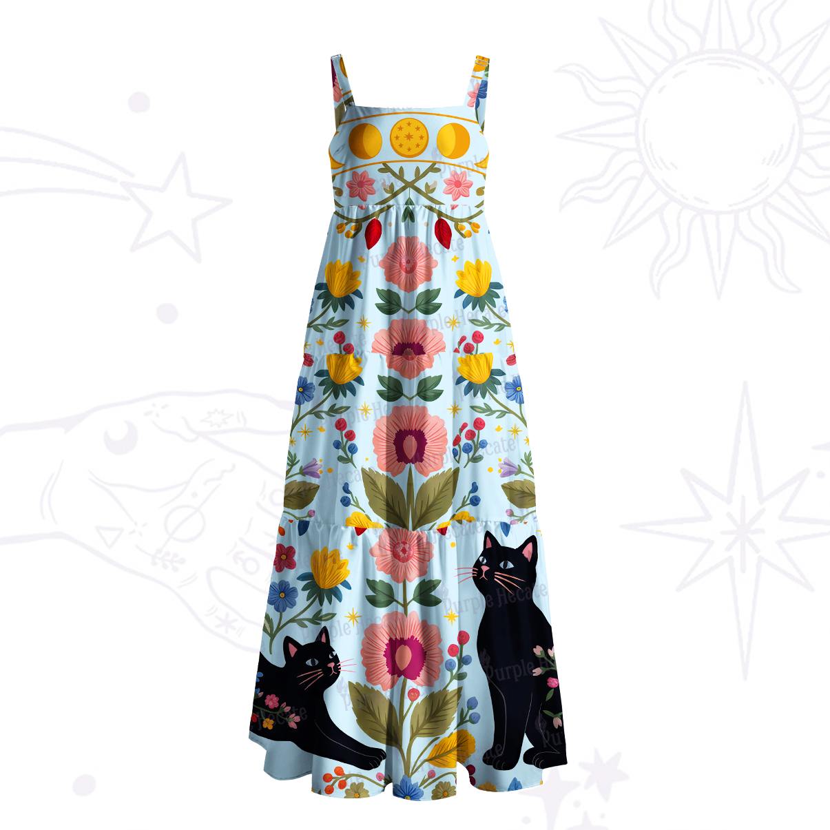Purplehecate Moonlit Magic Garden Black Cat Wide Straps Maxi Dress