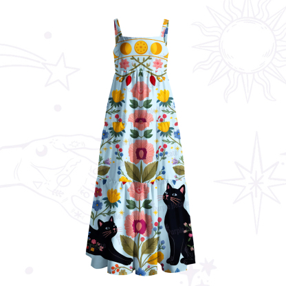 Purplehecate Moonlit Magic Garden Black Cat Wide Straps Maxi Dress