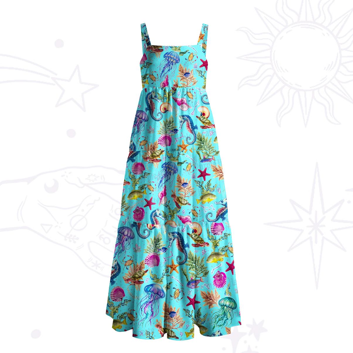 Purplehecate Seahorse & Jellyfish Paradise Wide Straps Maxi Dress