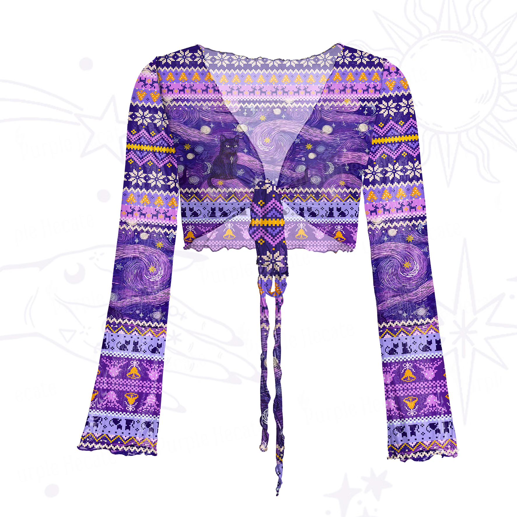 Purplehecate Mystic Cat Beneath the Cosmic Veil Mesh Tie Front Top