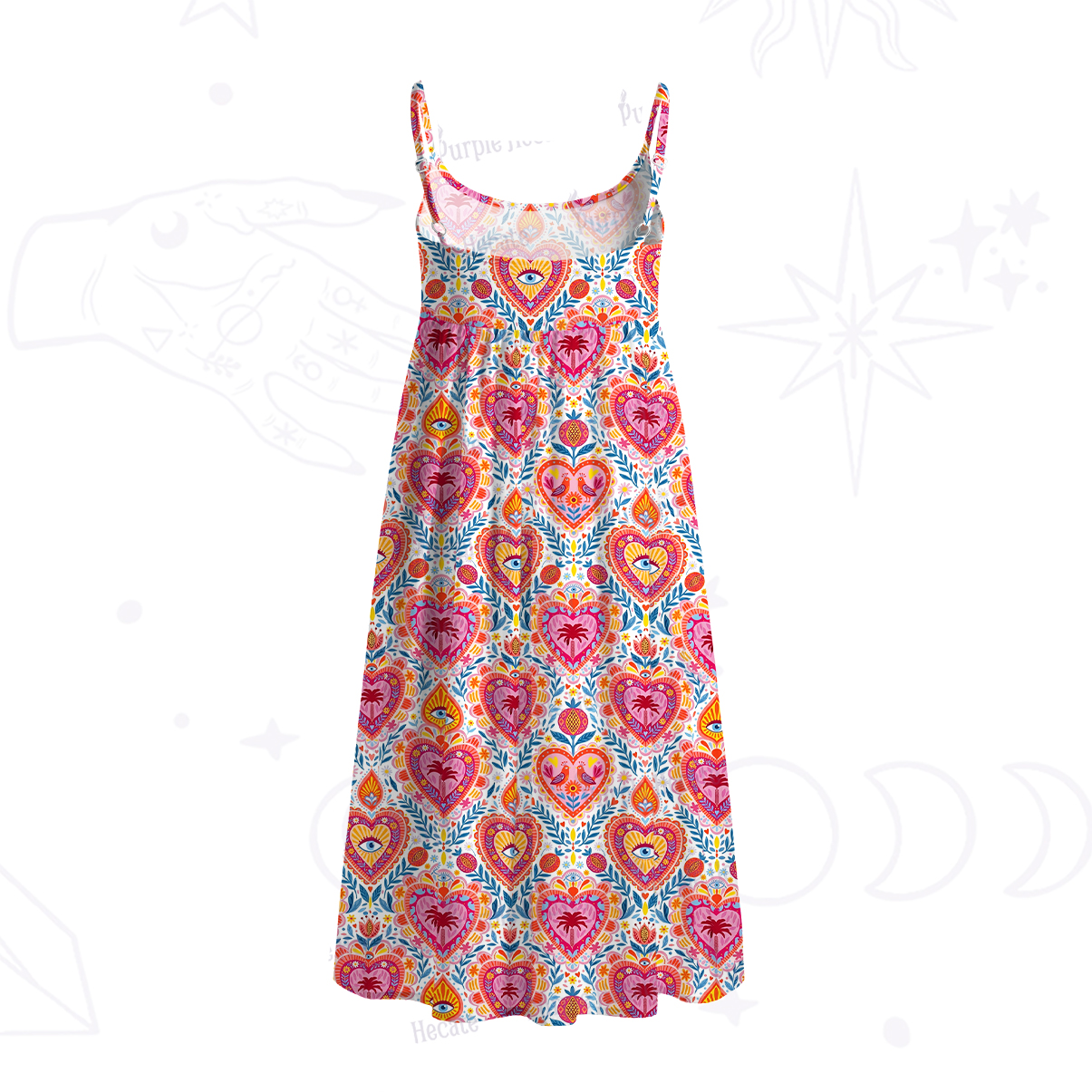 Purplehecate Flaming Hearts Spaghetti Strap Midi Dress