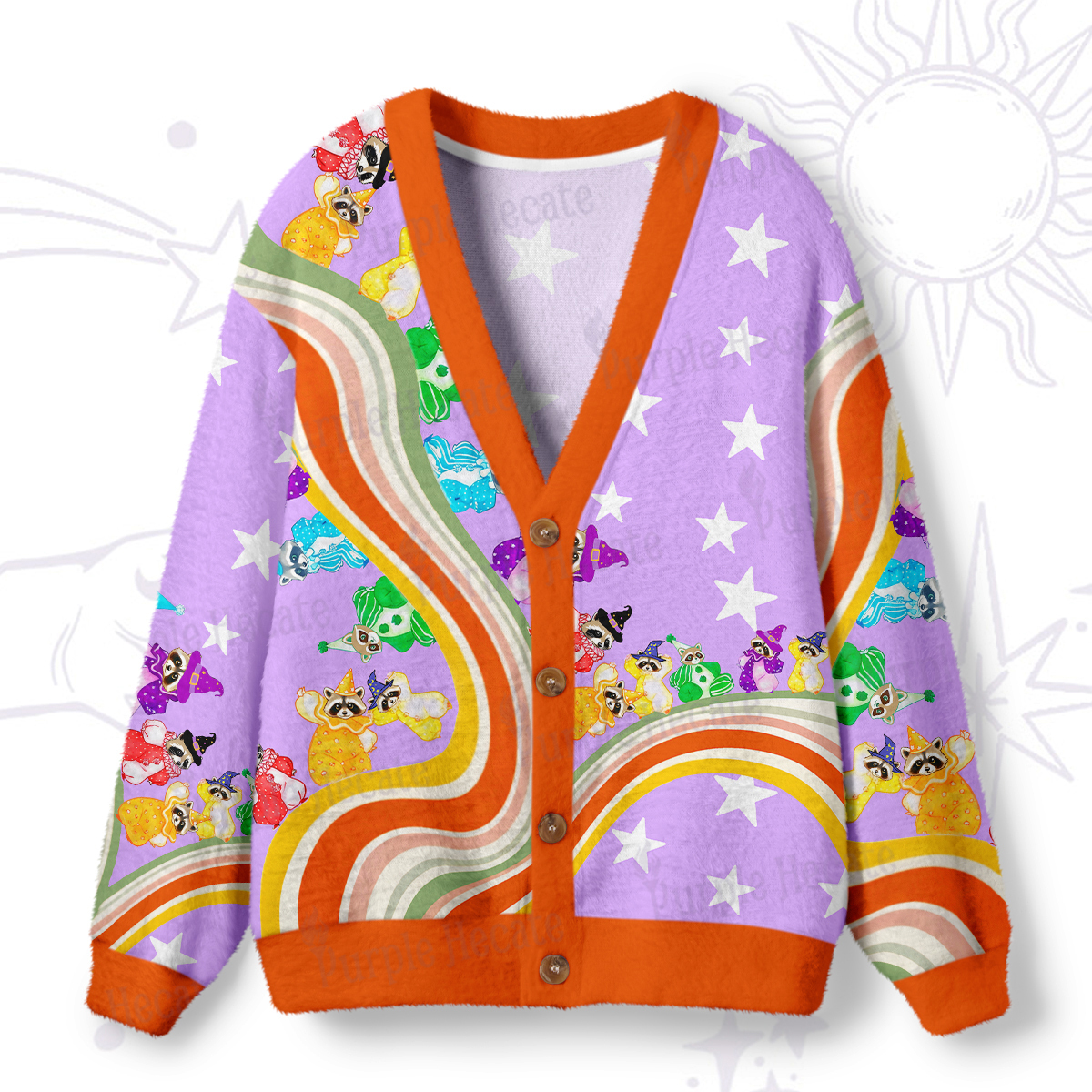 Purplehecate Rainbow Raccoon Star Ugly Cardigan Sweaters