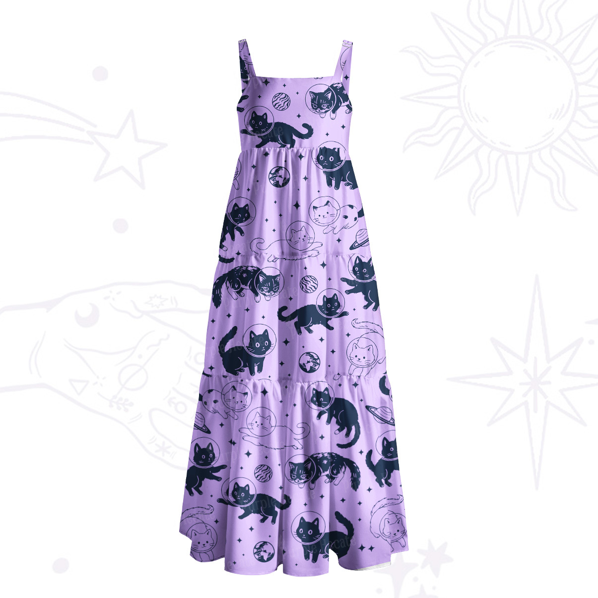 Purplehecate Cats in Space Wide Straps Maxi Dress