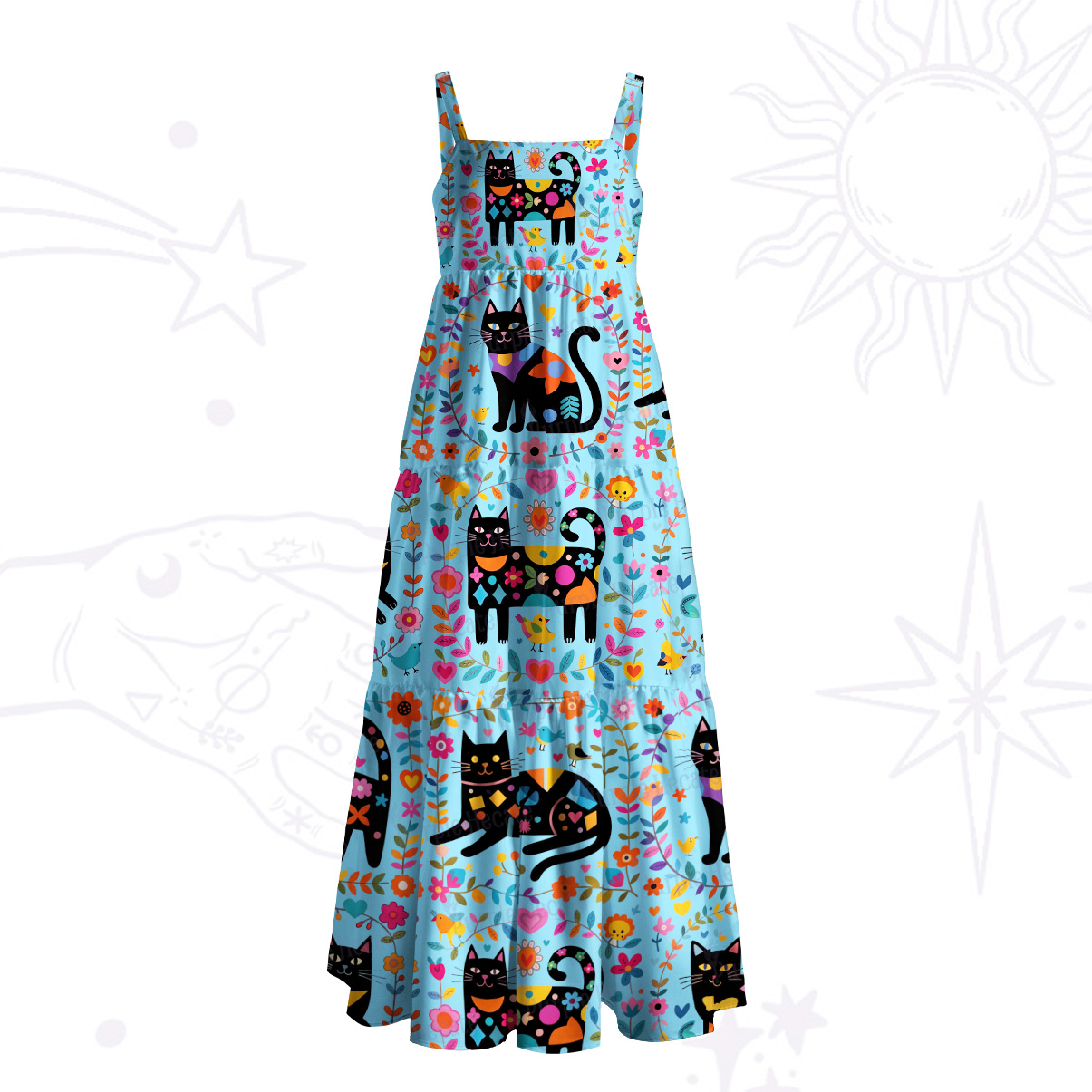 Purplehecate Cute Witchy Black Cat Wide Straps Maxi Dress