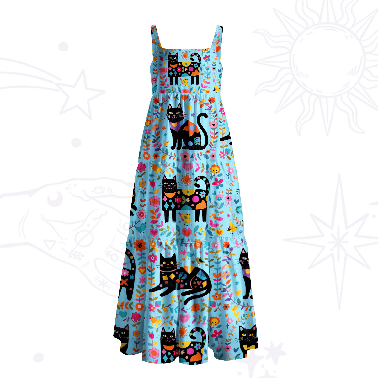 Purplehecate Cute Witchy Black Cat Wide Straps Maxi Dress
