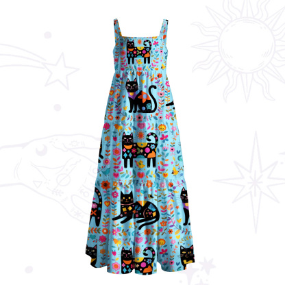 Purplehecate Cute Witchy Black Cat Wide Straps Maxi Dress