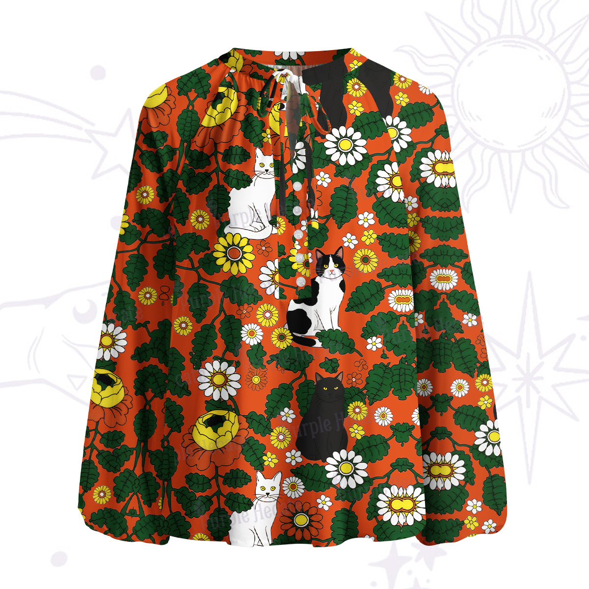 Purplehecate Daisy Cat  Garden Split Neck Tie Blouse