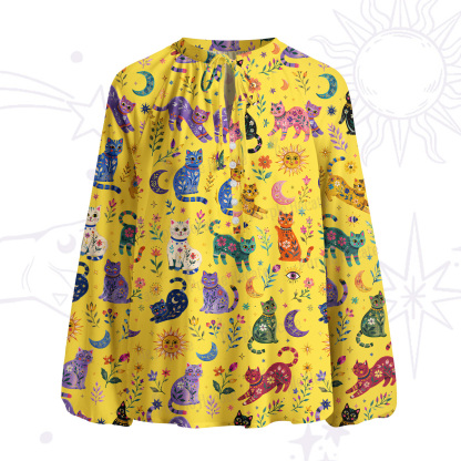 Purplehecate Rainbow Magic Cats Split Neck Tie Blouse