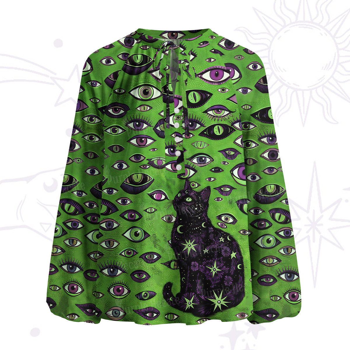 Purplehecate Cosmic Watcher Cat Split Neck Tie Blouse