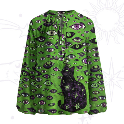Purplehecate Cosmic Watcher Cat Split Neck Tie Blouse