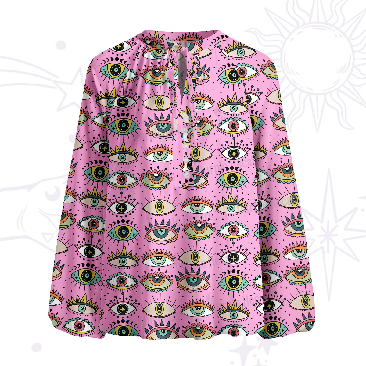 Purplehecate Evil Eye Pattern Split Neck Tie Blouse