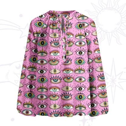 Purplehecate Evil Eye Pattern Split Neck Tie Blouse