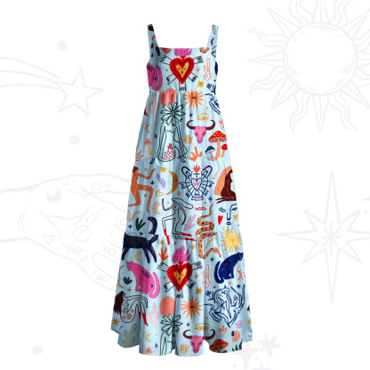 Purplehecate Whimsical Doodle Wide Straps Maxi Dress