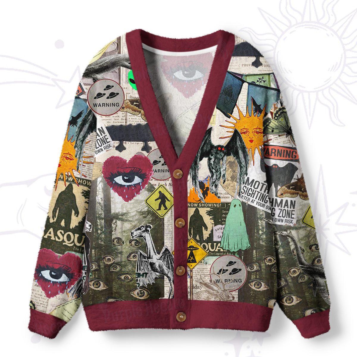 Purplehecate Cryptid Warning Collage Ugly Cardigan Sweaters