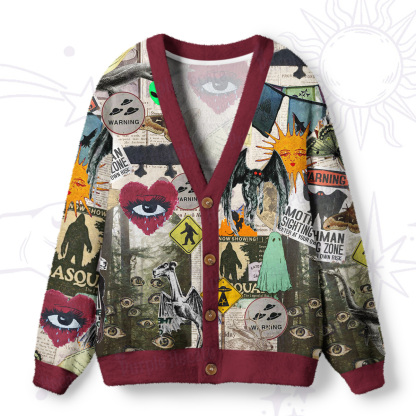 Purplehecate Cryptid Warning Collage Ugly Cardigan Sweaters