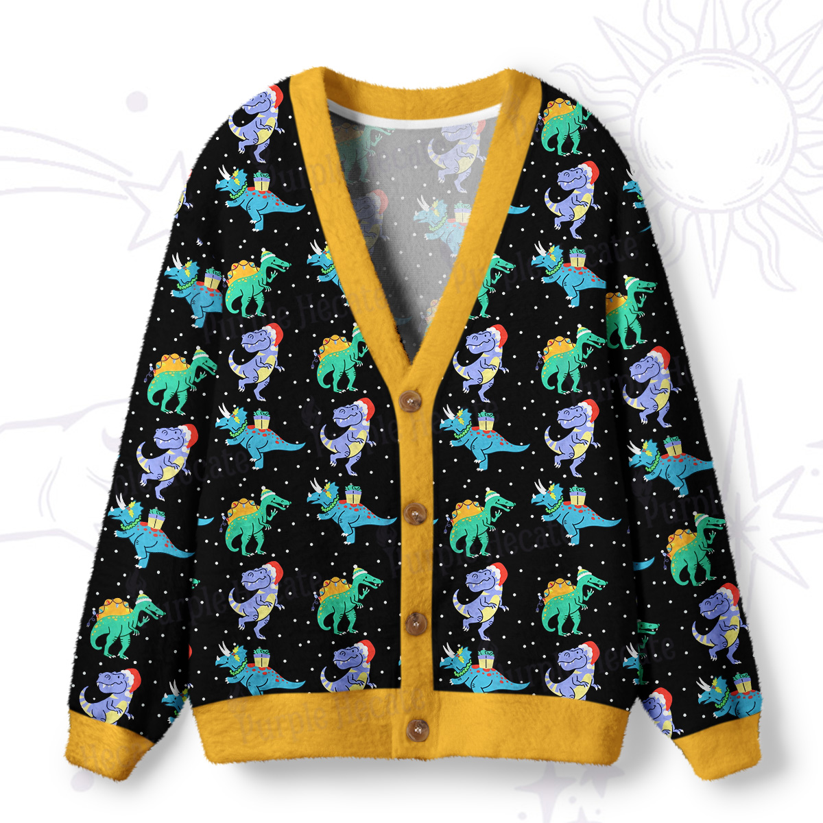 Purplehecate Funny Christmas Dinosaurs Ugly Cardigan Sweaters