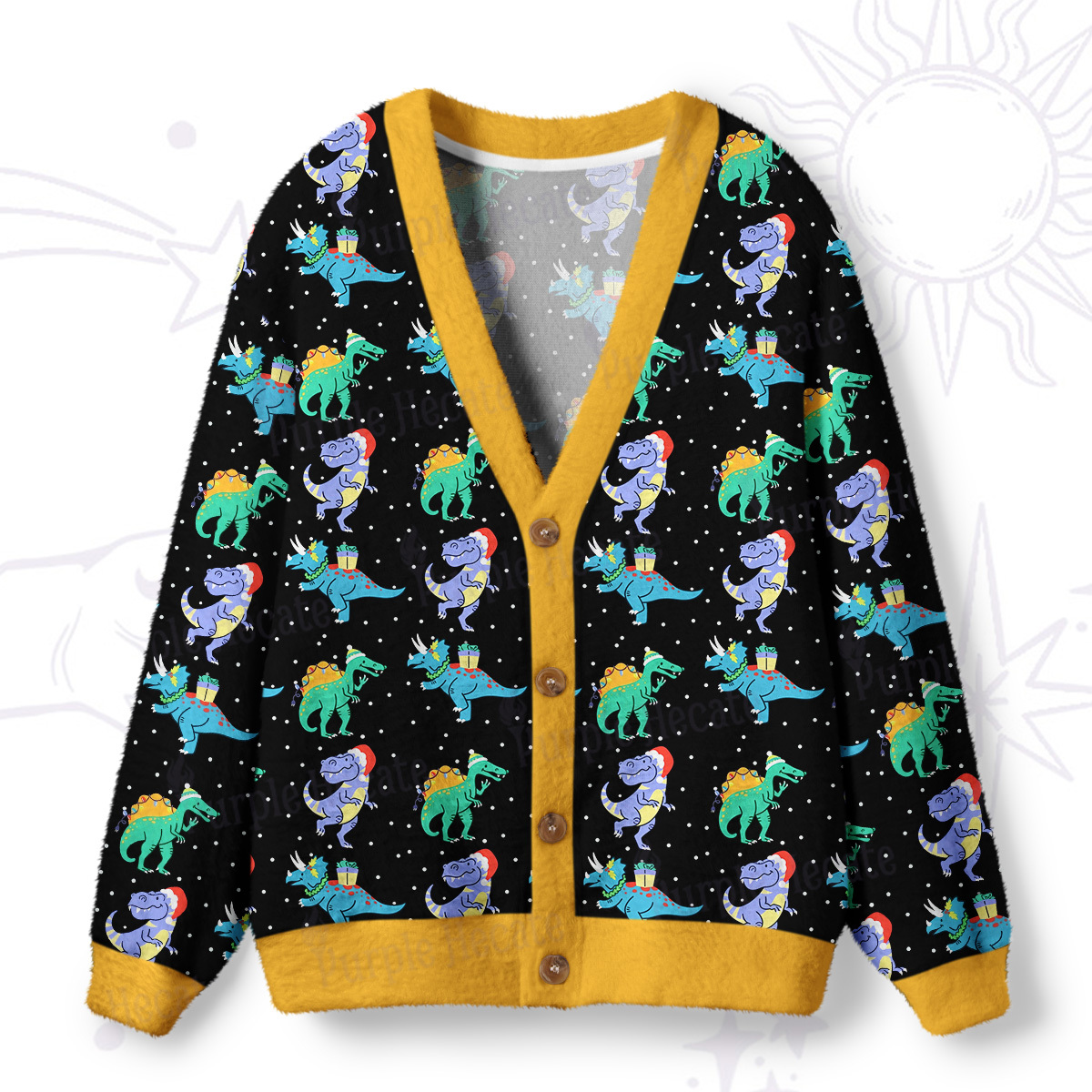 Purplehecate Funny Christmas Dinosaurs Ugly Cardigan Sweaters