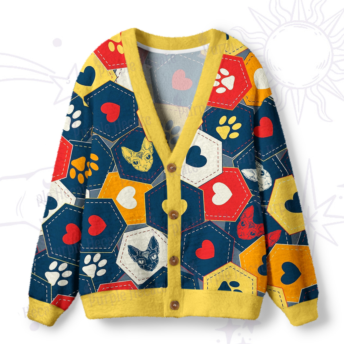 Purplehecate Whimsical Cat Paw Love Ugly Cardigan Sweaters
